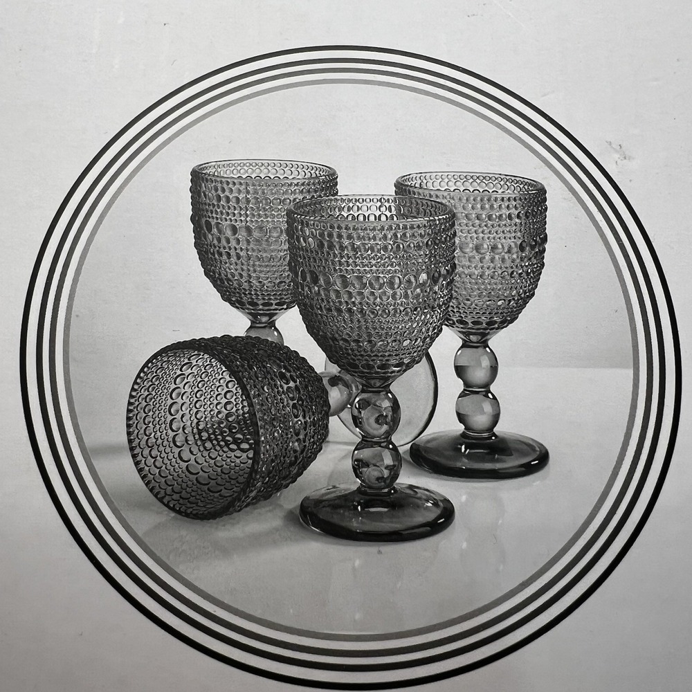 NIB 4 Smoke Gray Stemmed Halo Wine Goblets Hobnail Hobknob Design 10.5 oz - Picture 12 of 12